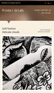 Macro detail of the woven cotton linen fabric with vintage black and white floral prints