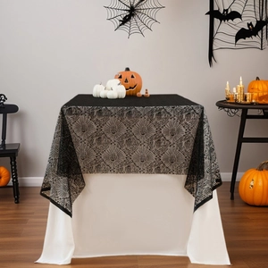 Halloween black lace tablecloth with spider webs and skull patterns for party decor