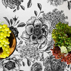 Close-up of vintage floral linen tablecloth featuring high-definition digital printing
