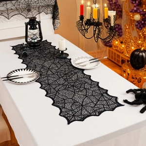 Halloween Black Spider Web Table Runner Polyester Lace Hollow Tablecloth For Haunted House Home Party Dining Table Decor
