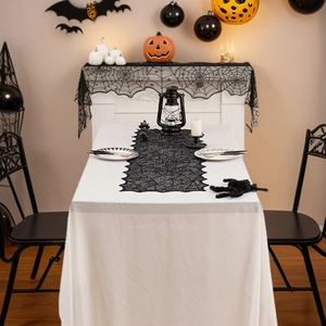 Halloween black spider web lace table runner and fireplace scarf decor set