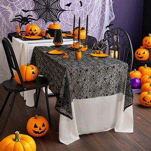 Halloween Black Lace Spider Web Tablecloth Rectangular Polyester Table Cover For Haunted House Party Table Decoration