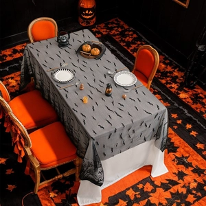 Halloween Spooky Black Lace Tablecloth Bats Pumpkin Skull Pattern Table Runner Rectangular Table Cover Party Decor
