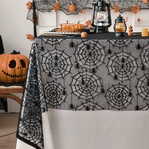 Halloween black lace spider web tablecloth with realistic spider patterns for spooky party decor