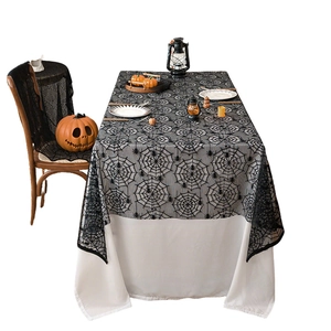Black lace spiderweb tablecloth and chair cover set for Halloween table decoration
