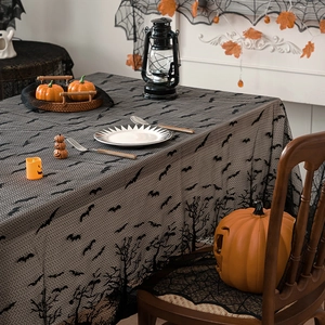 Halloween black lace tablecloth with bats and forest pattern for festive party decoration