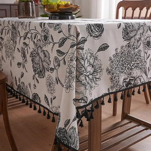 French vintage cotton linen tablecloth with black floral patterns and tassel edges