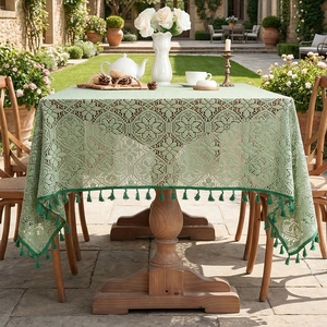 Sage green French retro crochet lace tablecloth with elegant tassels for rectangular tables
