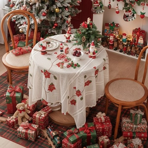 Tovaglia rotonda in pizzo bianco con ricamo di stella di Natale rossa decorativa