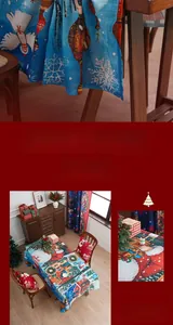 Close-up of Christmas square tablecloth with Santa Claus and festive snowflake patterns