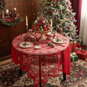 Red Christmas lace tablecloth with snowflake patterns for holiday dining table decoration