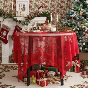 Festive red lace Christmas tablecloth featuring snowflake and forest patterns for round tables