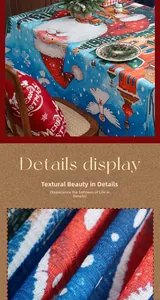 Detailed macro view showing the textured fabric and festive Christmas pattern on the tablecloth