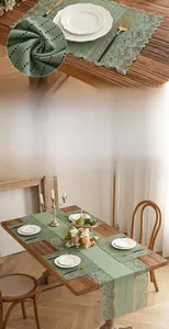 Detail of Morandi green lace table runner with hollow weave and scalloped edges