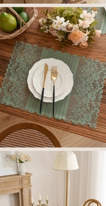 Detailed close-up of retro green lace table runner with floral embroidery and stripes