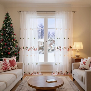 Christmas Embroidered Sheer Voile Curtains Polyester Santa Claus Snowflakes White Window Treatment Festive Home Decor