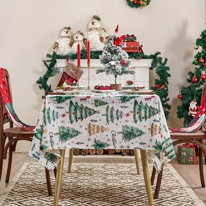 Christmas tablecloth with green trees and red stars print on white polyester fabric