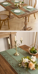 Detailed lace texture on sage green table runner and matching placemats with floral hollows