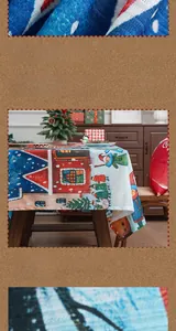 Close-up of velvet fabric texture and digital printing on Christmas tablecloth