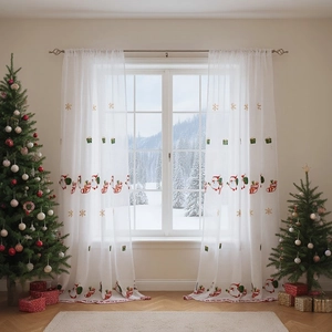 White sheer Christmas curtains with Santa and snowflake embroidery for holiday window decor