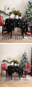 Detail of round black Christmas tablecloth with white deer patterns and black fringe edges