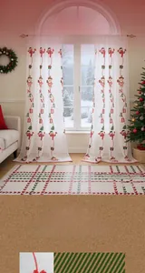 Detailed Christmas Santa embroidery on white sheer curtain and festive plaid rug set
