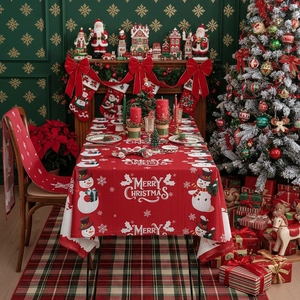 Christmas snowman pattern square tablecloth with Merry Christmas text for festive dining decor