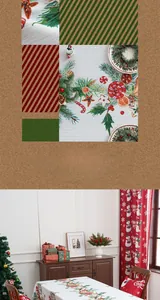 Detailed pattern of festive pine needles, citrus, and berries on a white Christmas tablecloth