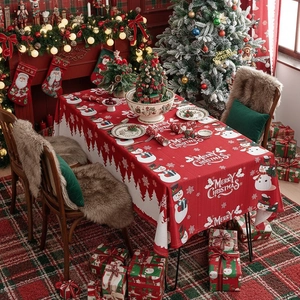 Christmas Printed Tablecloth Polyester Snowman Snowflake Pattern Rectangular Festive Party Table Cover For Dining Decoration