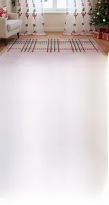 Detailed embroidery of Santa Claus and festive patterns on white sheer Christmas curtains