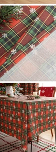 Detailed view of Christmas tablecloth with red-green plaid pattern and white snowflakes