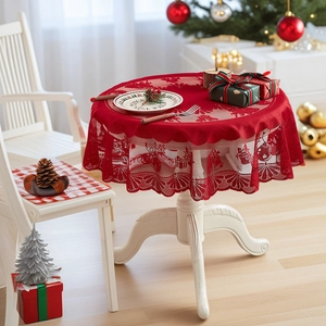 Elegant red lace Christmas tablecloth featuring bell and gift box holiday patterns