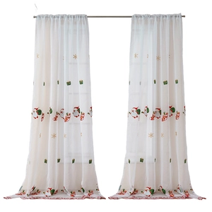 Festive Christmas sheer curtains with embroidered Santa, gift boxes, and gold snowflakes