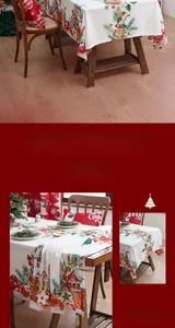 Close-up of Christmas tablecloth featuring festive bells, pine branches, and cozy cabins