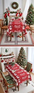 Detail of red Christmas tablecloth featuring snowman, snowflakes and Merry Christmas text