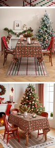 Close-up of high-density red and green tartan Christmas tablecloth with white snowflakes