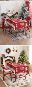 Close-up of red Christmas tablecloth featuring white snowman patterns and Merry Christmas text