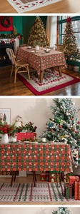 Detail of red and green plaid Christmas tablecloth featuring white snowflake patterns