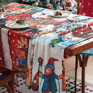 Christmas tablecloth with Santa Claus and snow scene patterns on red background