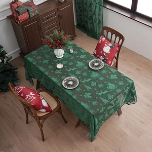 Dark green Christmas lace tablecloth with reindeer and snowflake patterns for festive decor