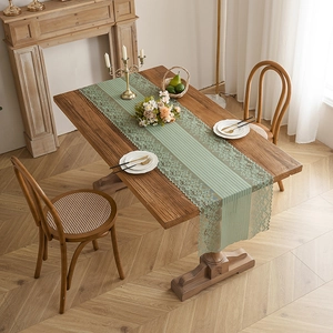 Green lace table runner with striped patchwork for vintage dining table decoration