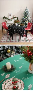 Detailed texture of green linen Christmas tablecloth with embroidered reindeer and tree