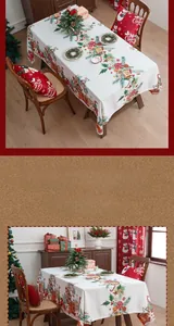 Detail display of Christmas tablecloth featuring festive candy, bells, and textured fabric