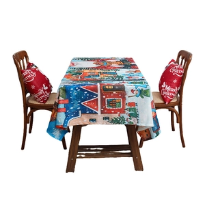 Christmas rectangular tablecloth with winter snow scene, snowman and pine tree prints