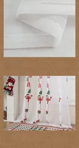 Detail of Christmas sheer curtain featuring Santa Claus embroidery and pom-pom edges