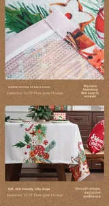 Close-up of stitched edges and festive candy cane print on soft Christmas tablecloth
