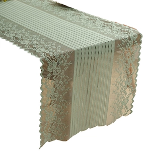 Mint green lace table runner with floral embroidery and hollow stripes for rustic decor