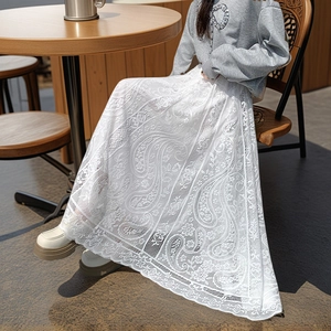 Women's Elegant White Lace Maxi Skirt Vintage Floral Hollow Out A-Line Polyester Long Skirt For Casual Daily Vacation