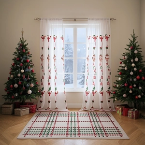 Christmas Santa Claus Embroidered White Sheer Curtain Semi-Transparent Polyester Voile Panel For Living Room Bedroom Decor