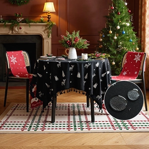 Christmas Waterproof Linen Reindeer Christmas Tree Tablecloth Rectangular Tassels Kitchen Dining Table Holiday Decor